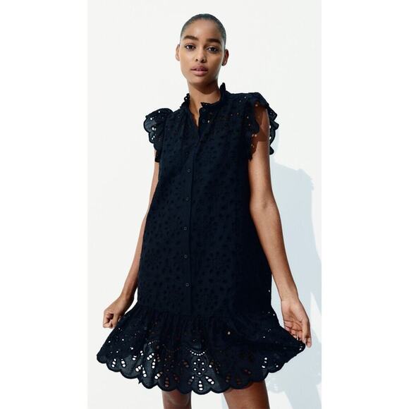 H&M Dresses & Skirts - H&M Button Front Ruffle Hem Eyelet Lace Cap Sleeve Mini Dress Black XS